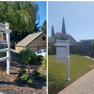 White Double Post Sign and White L shape sign at the same location